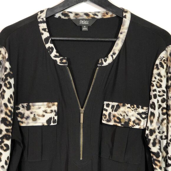 Black Tunic Top with Cheetah Print Sleeve Popover Zipper Accent M Retro Mob Wife - Picture 2 of 8
